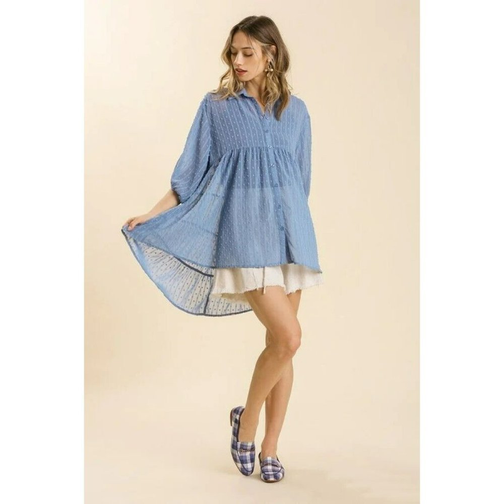 UMGEE Dusty Blue Swiss Dot Chiffon Tiered BOHO Tunic Top Size Medium NEW - Picture 3 of 11